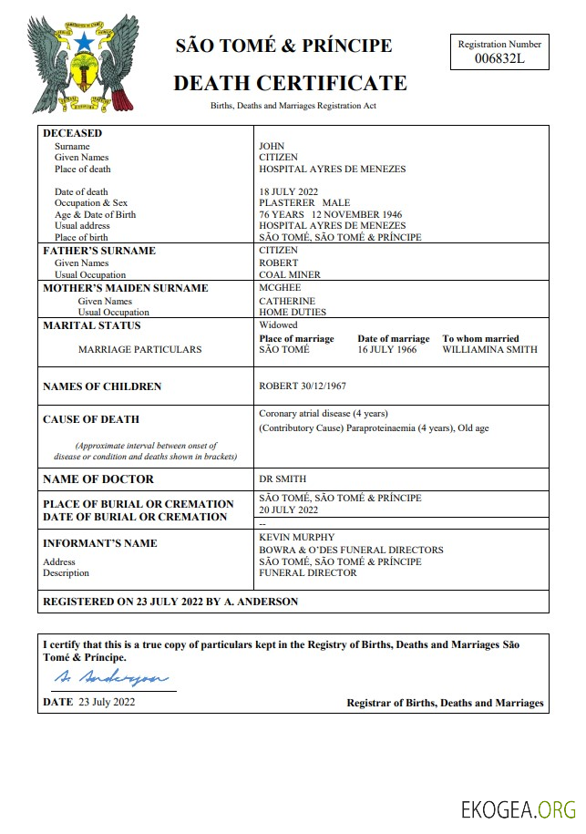 Certificat de décès de l'état civil de Sao Tomé et Principe Modèle Word et PDF